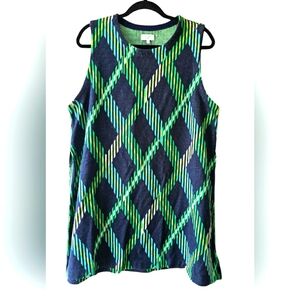 Crown & Ivy Thick Sweater Material Plaid Tank Top Green Blue Side Splits Size XL